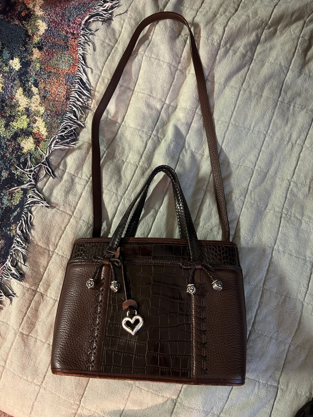 Brighton Brown Croc-Embossed Leather Satchel with Heart Charm